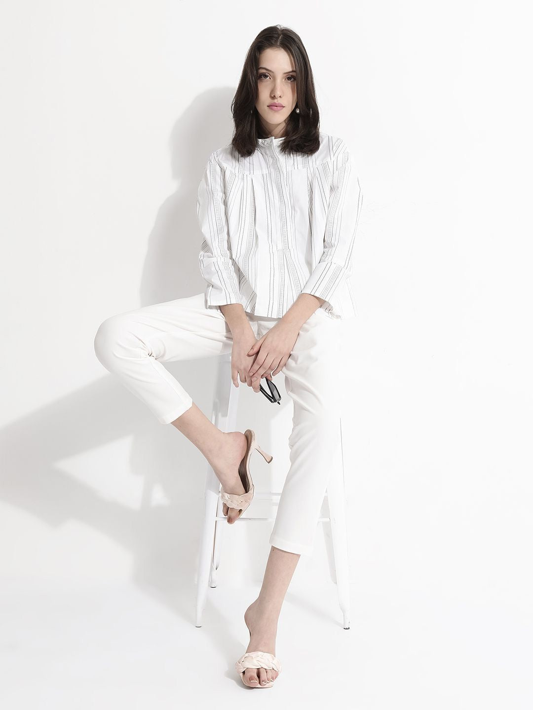 RAREISM Striped Mandarin Collar Cotton Boxy Top