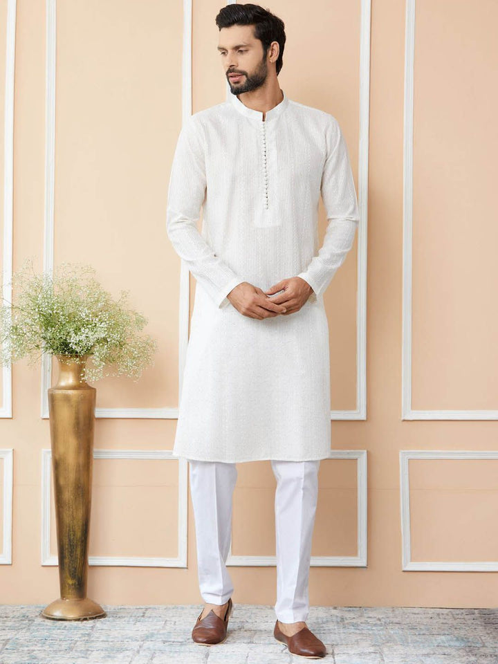 See Designs Striped Mandarin Collar Thread Work Chanderi Silk Straight Kurta With Trousers