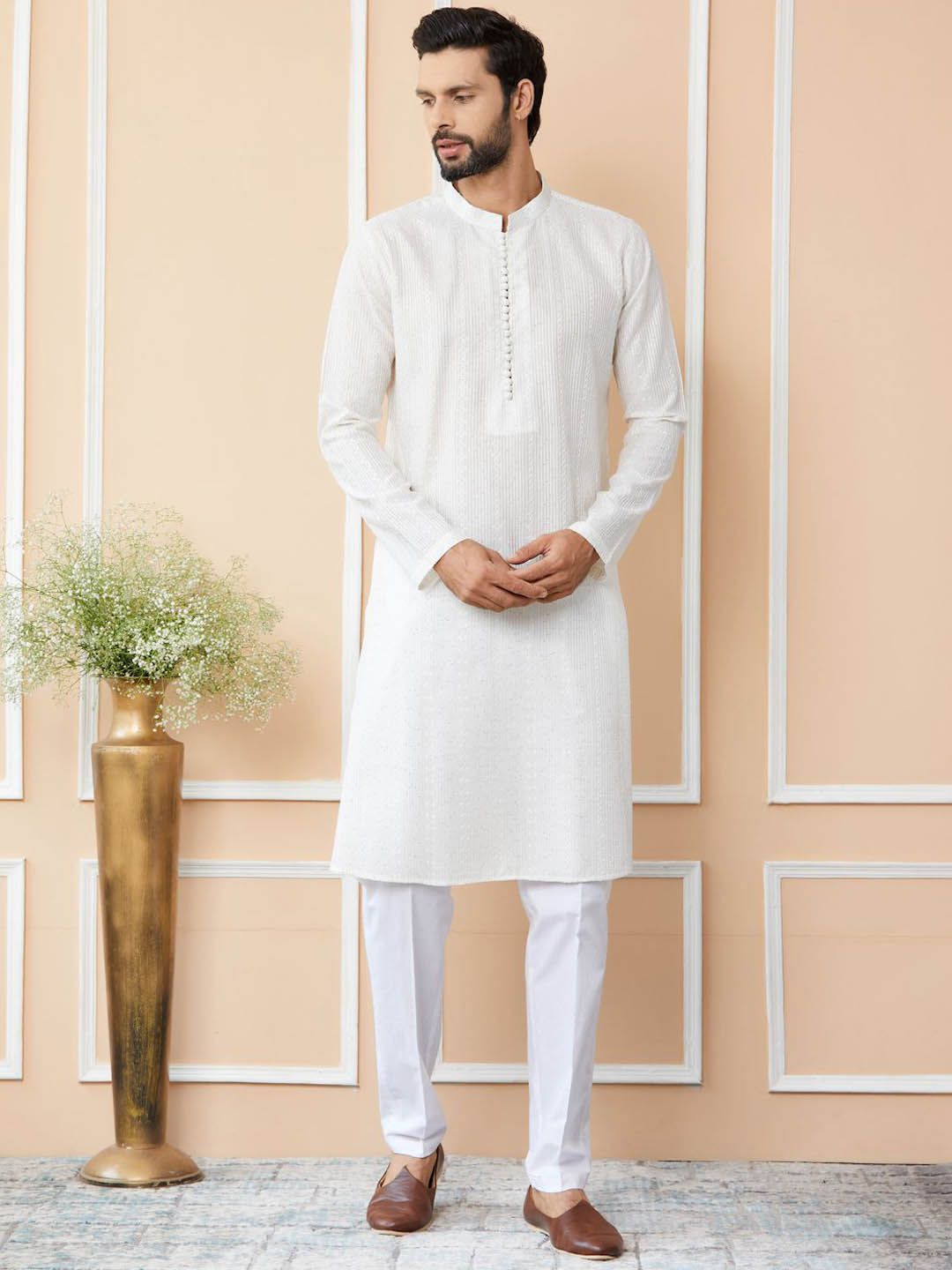 See Designs Striped Mandarin Collar Thread Work Chanderi Silk Straight Kurta With Trousers