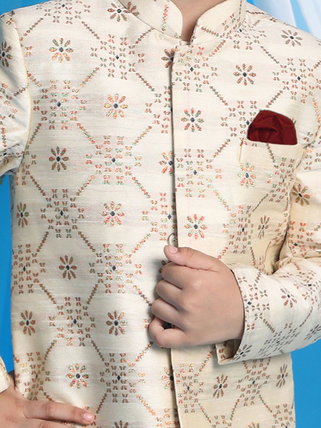 Vastramay Boys Beige & Maroon Printed Slim Fit Sherwani Set