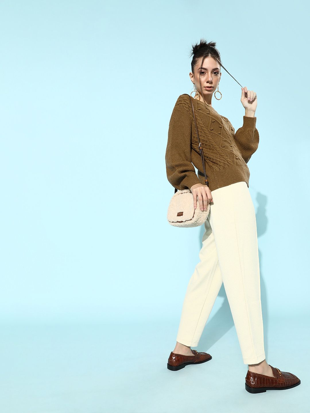 STREET 9 Women Brown Cable Knit Acrylic Pullover