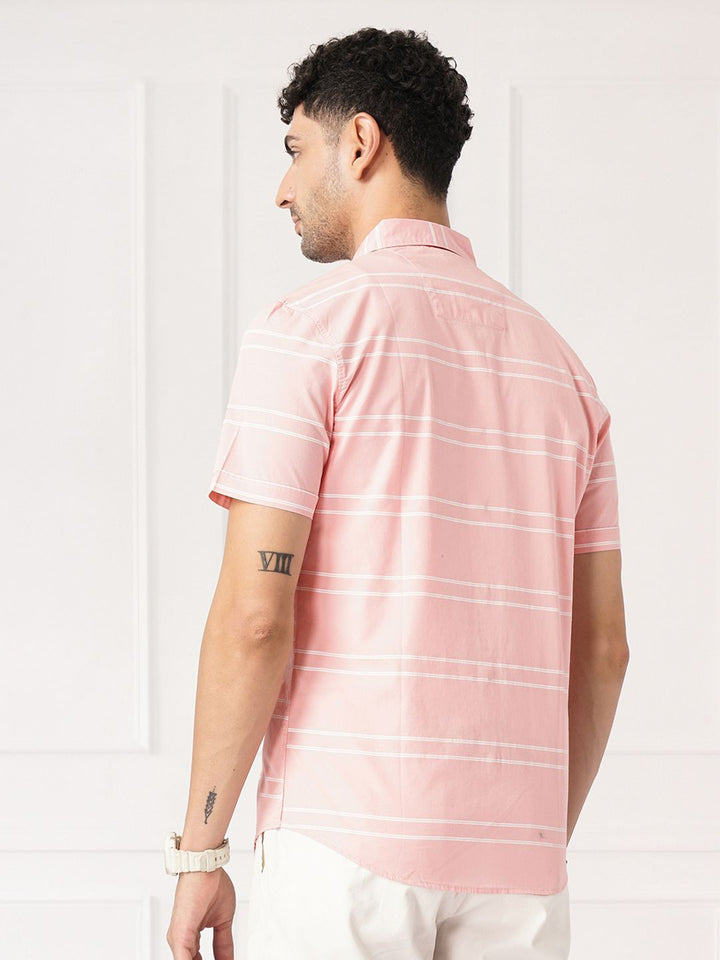 The Indian Garage Co Men Peach-Coloured & White Horizontal Striped Cotton Casual Shirt