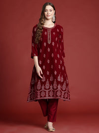 Anouk Ethnic Print Velvet-Finish Regular Kurti with Trouser