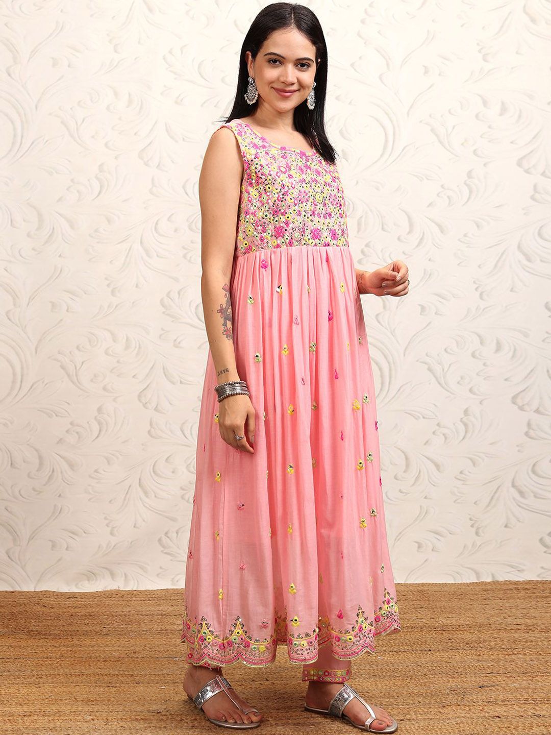 Vishudh Pink Embroidered Thread Work Pure Cotton Anarkali Kurta With Trousers & Dupatta