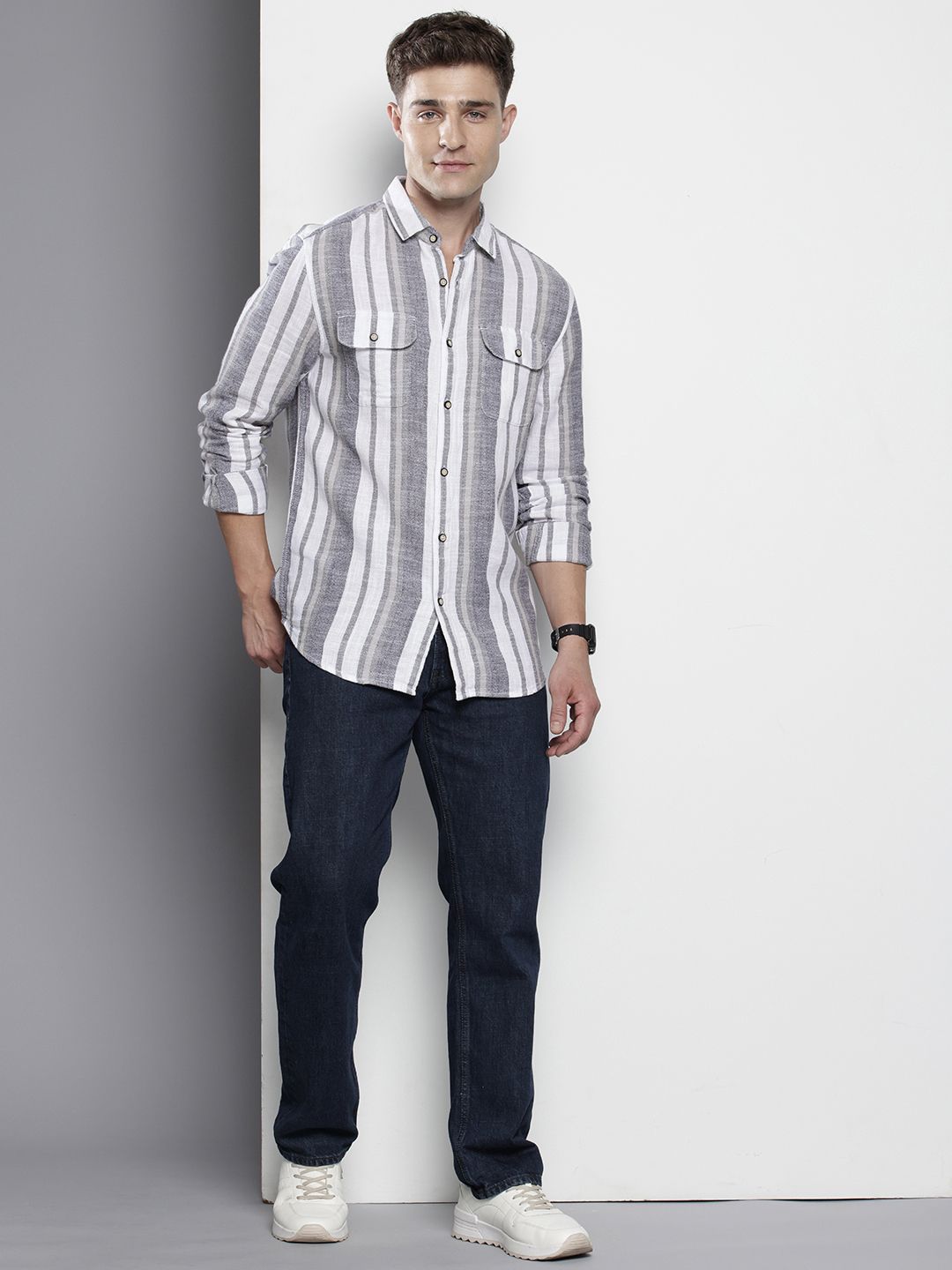 The Indian Garage Co Men Slim Fit Striped Double Flap Casual Shirt