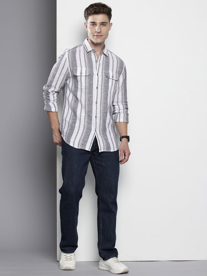 The Indian Garage Co Men Slim Fit Striped Double Flap Casual Shirt