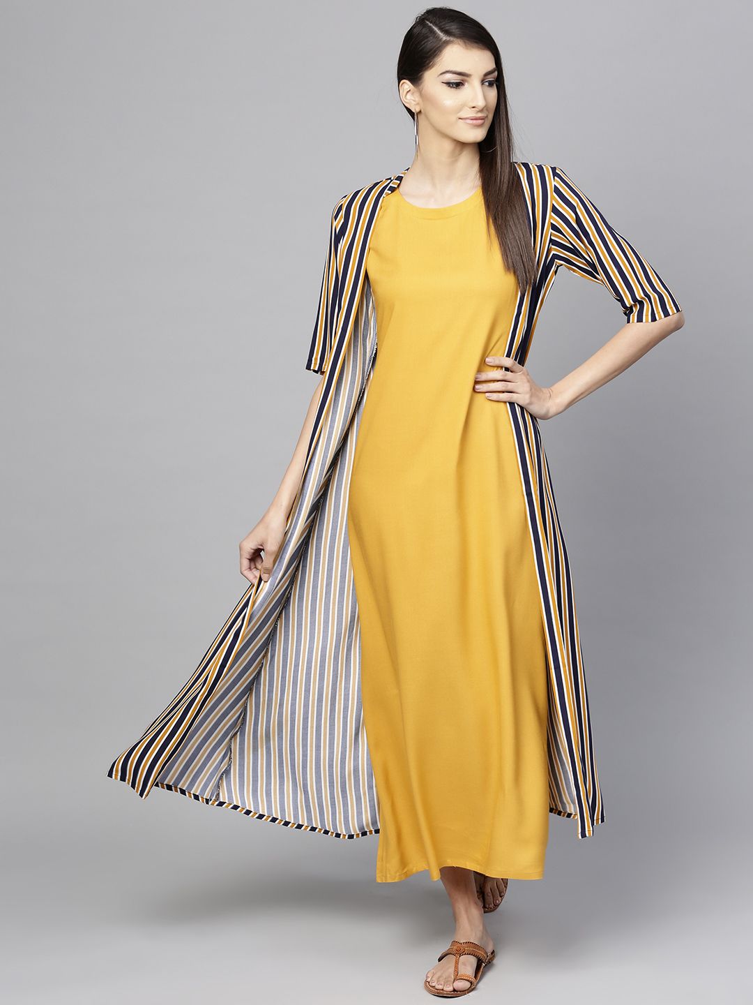 Libas Women Mustard Yellow Solid Maxi Dress with Ethnic Jacket