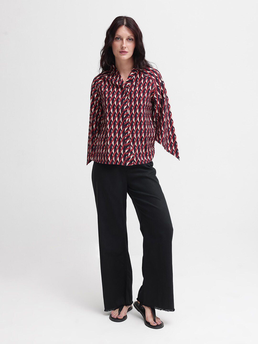 RAREISM Geometric Print Flared Sleeve Cotton Top