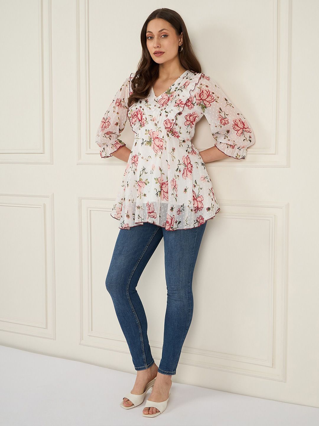 Antheaa Floral Print Puff Sleeve Ruffles Chiffon Wrap Top