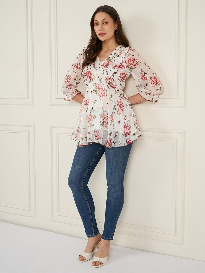 Antheaa Floral Print Puff Sleeve Ruffles Chiffon Wrap Top