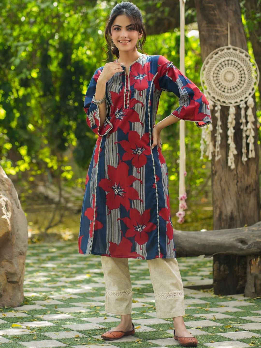 Rain &amp; Rainbow Notch Leher Bersulam Kurta Lurus