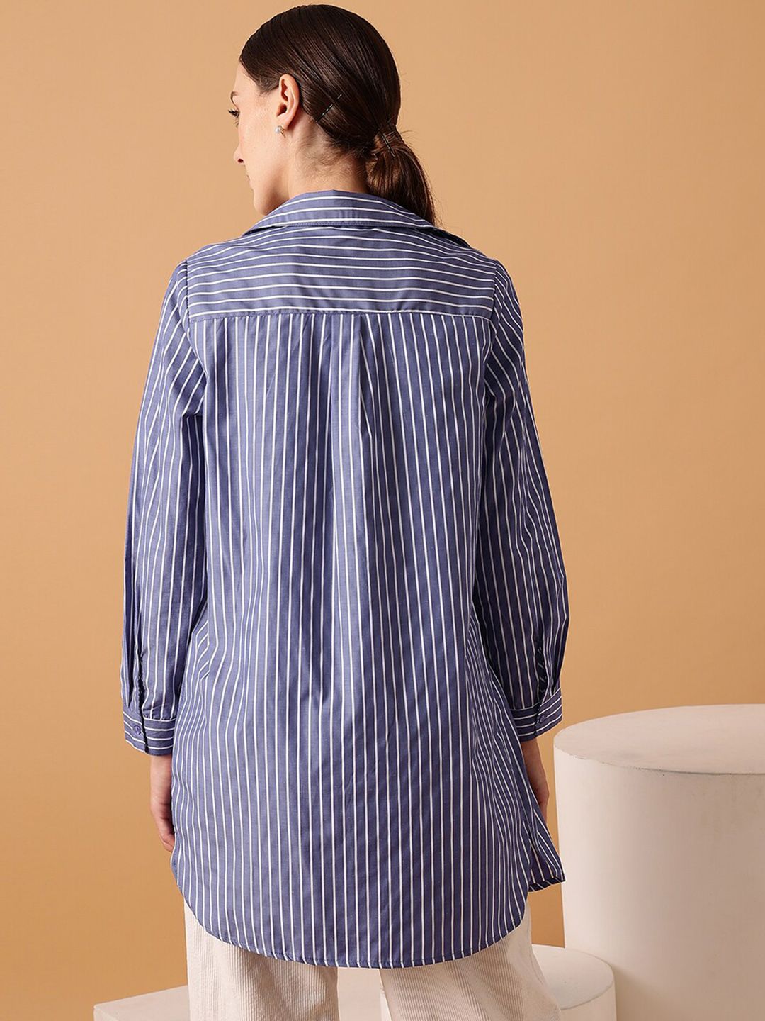 STREET 9 Comfort Oversized Striped Spread Collar Long Sleeve Cotton Shirt
