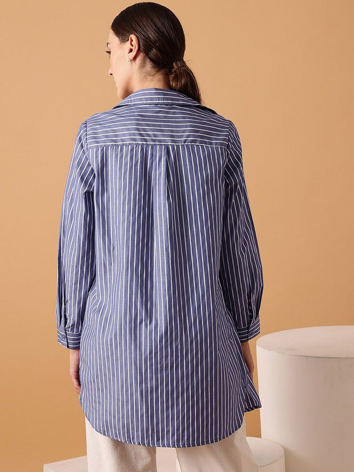 STREET 9 Comfort Oversized Striped Spread Collar Long Sleeve Cotton Shirt