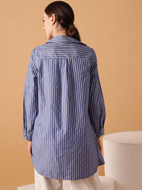 STREET 9 Comfort Oversized Striped Spread Collar Long Sleeve Cotton Shirt