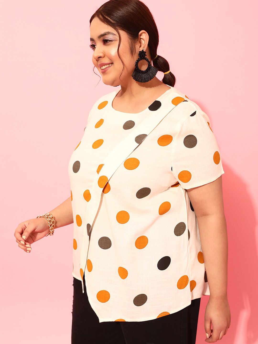 CURVY STREET Plus Size Polka Printed Round Neck Crepe Top