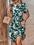 DressBerry Floral Print Accordion Pleats A-Line Dress With Tie-up Belt