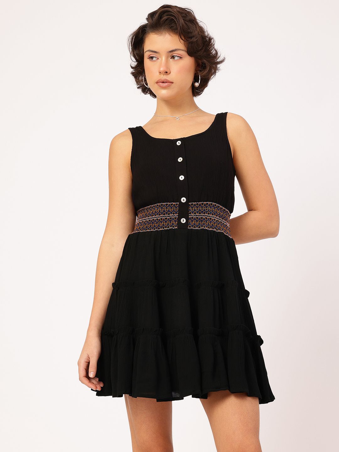 DressBerry Muted Melodies Textured Tiered Cinched Waist Dress