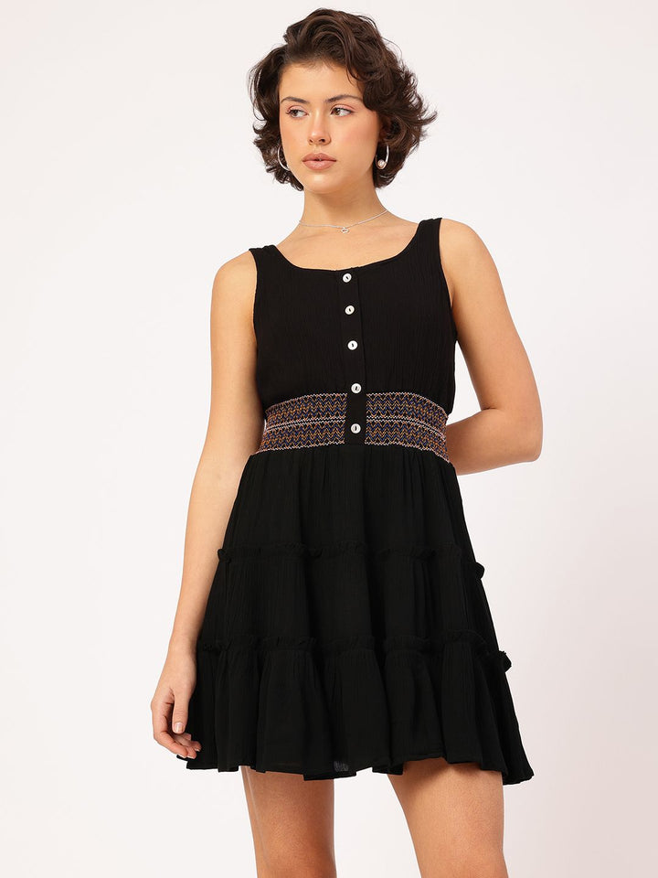 DressBerry Muted Melodies Textured Tiered Cinched Waist Dress