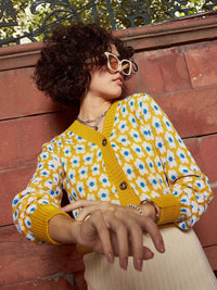 SASSAFRAS Floral Printed V-Neck Ribbed Woollen Cardigan