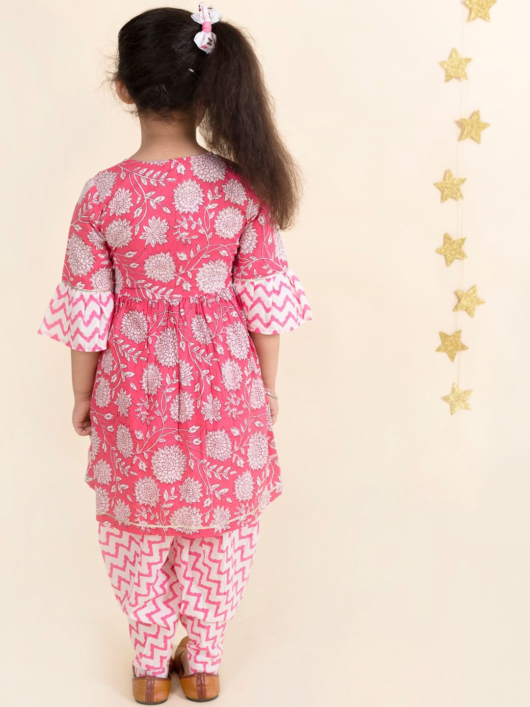 pspeaches Girls Pink Floral Striped Pure Cotton Kurti with Patiala