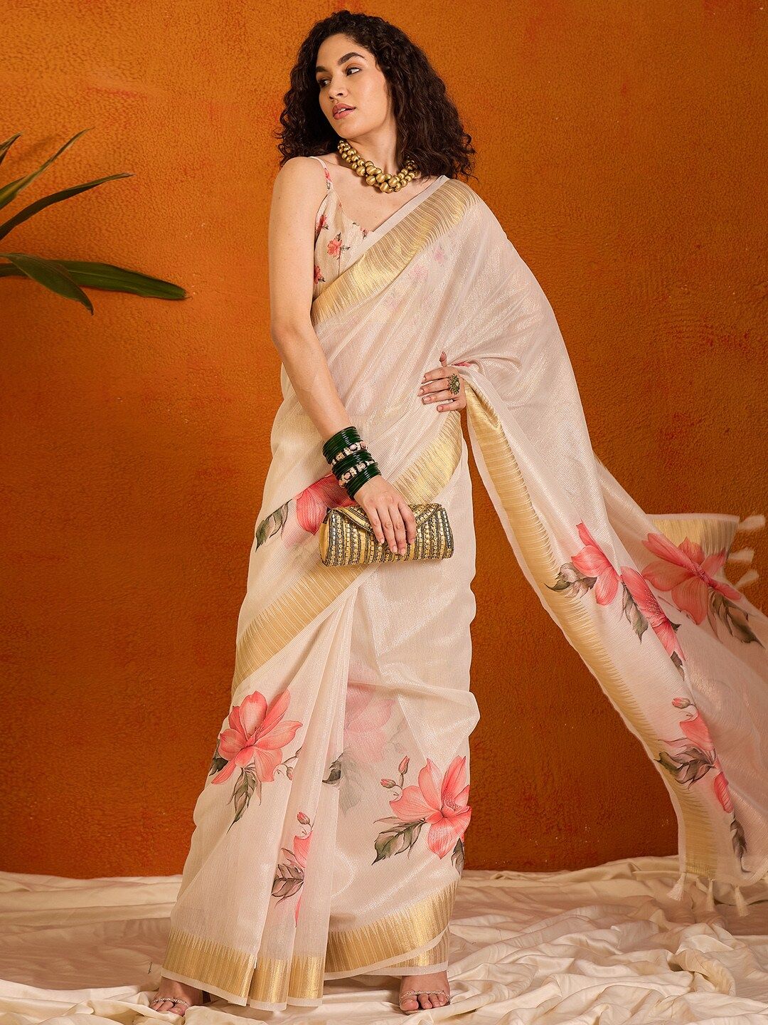 Saree mall Floral Printed Zari Organza Sungudi Sarees