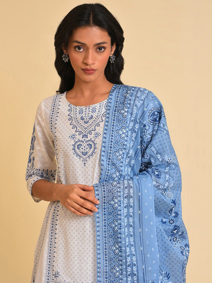 W White Floral Printed Pure Cotton Kurta with Sharara & With Dupatta