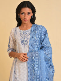 W White Floral Printed Pure Cotton Kurta with Sharara & With Dupatta