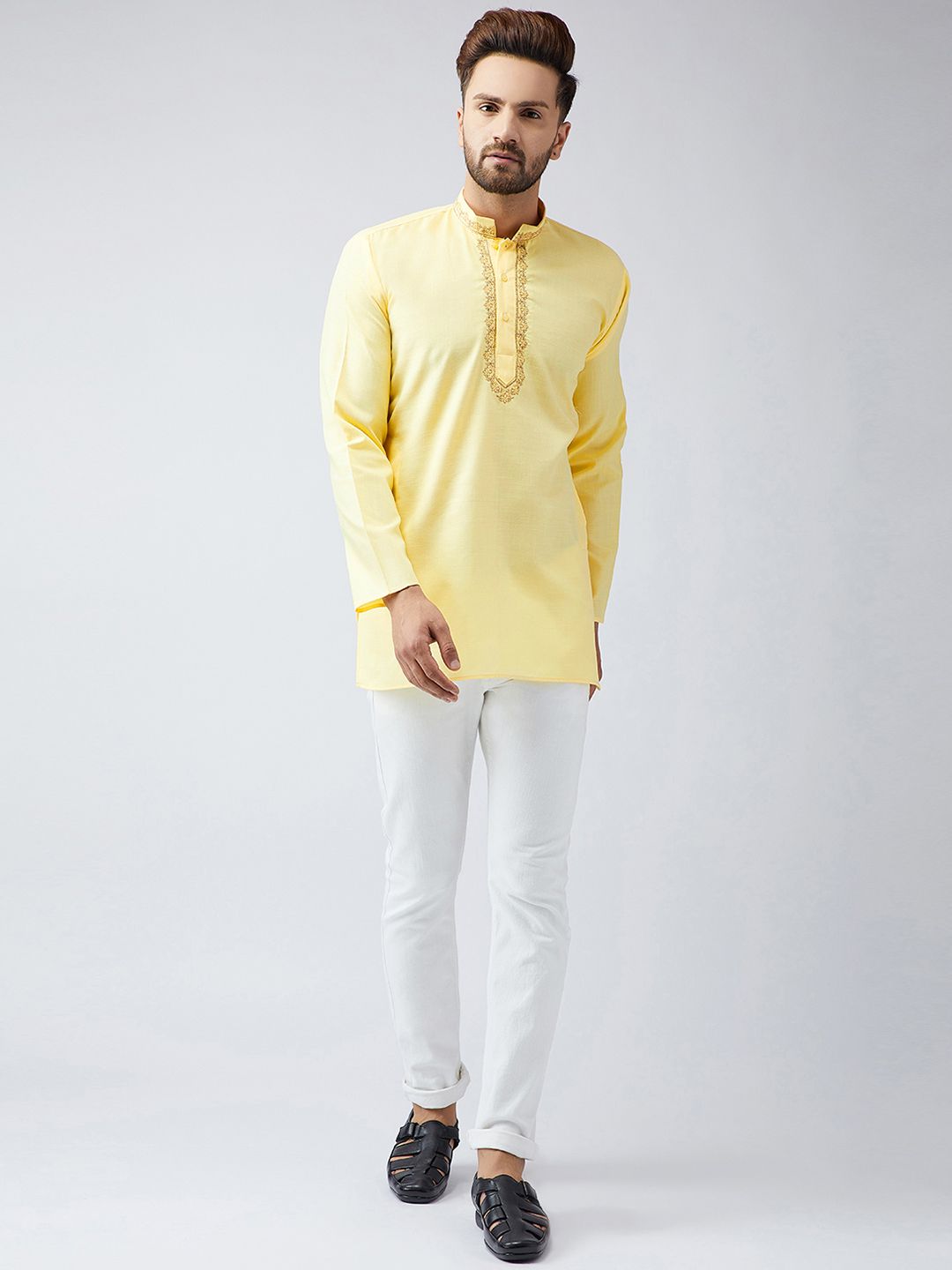 SOJANYA Men Yellow Embroidered Short Kurta