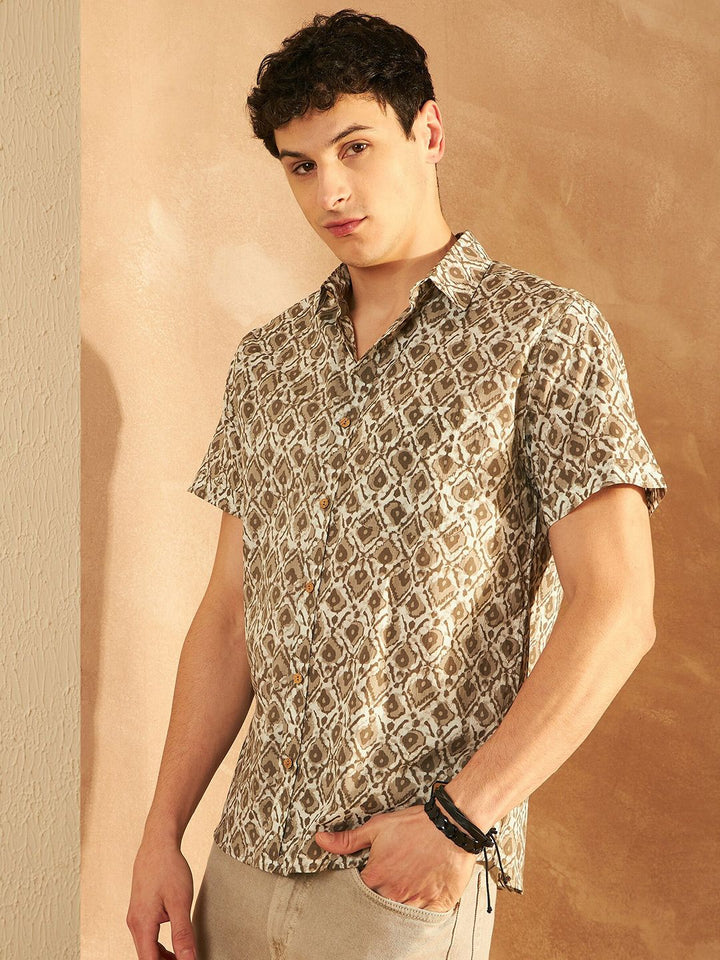 DENNISON Smart Ethnic Motifs Printed Spread Collar Short Sleeves Cotton Lightweight Shirt