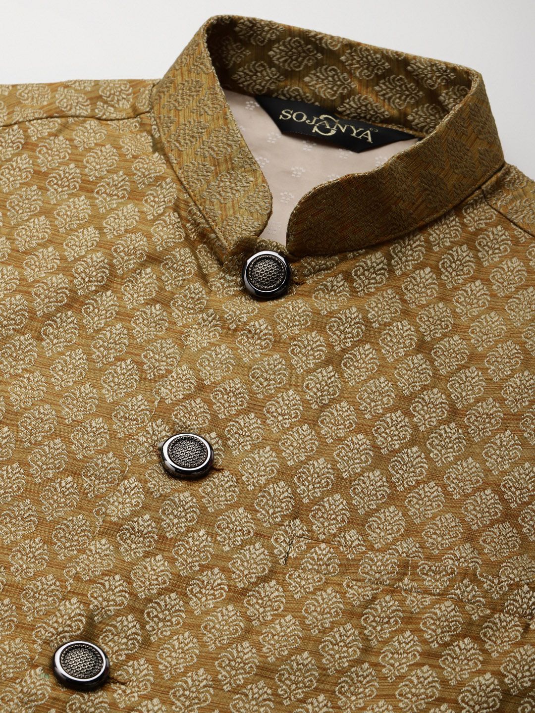 SOJANYA Kurta Motif Etnik Merah Jambu & Emas Lelaki dengan Jaket Churidar & Nehru