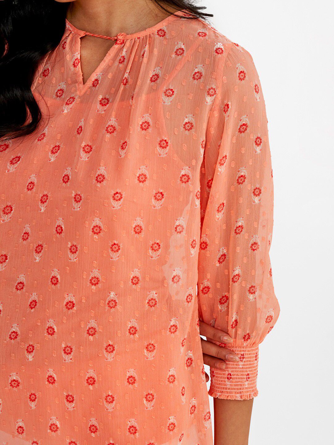Global Desi Keyhole Collar Floral Print Shirt Style Top