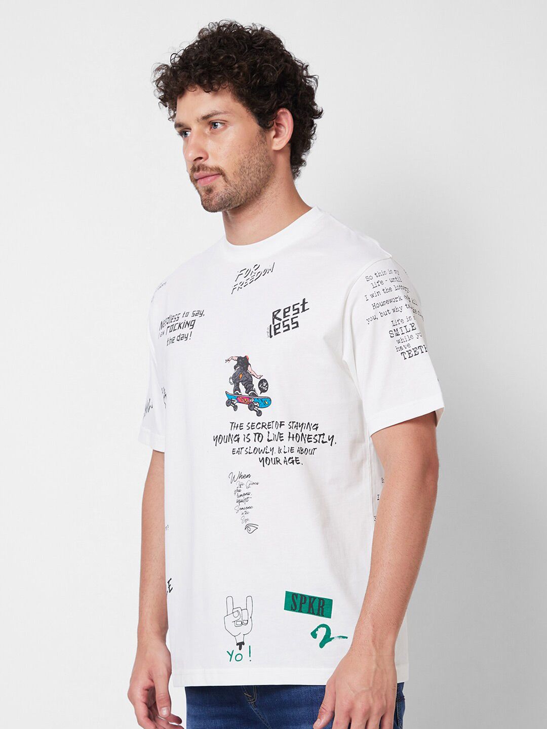 SPYKAR Round Neck Short Sleeves Typography Printed Pure Cotton T-shirt