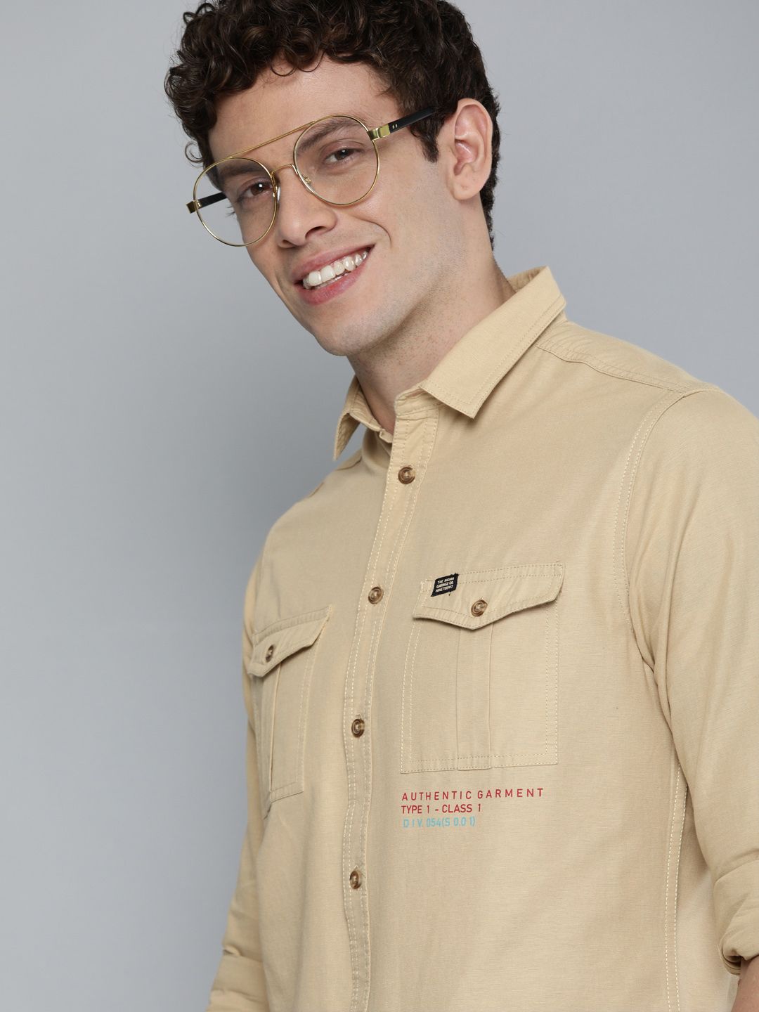 The Indian Garage Co Men Beige Slim Fit Solid Pure Cotton Casual Shirt