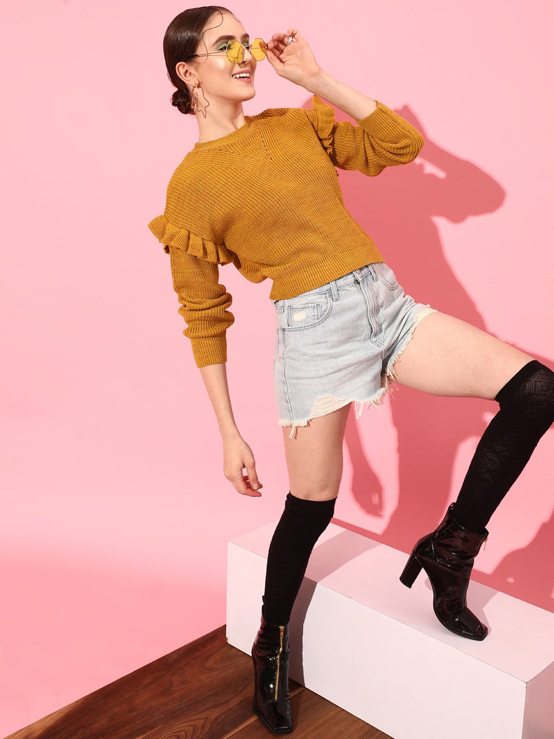 STREET 9 Women Mustard Round Neck Long Sleeves Acrylic Pullover