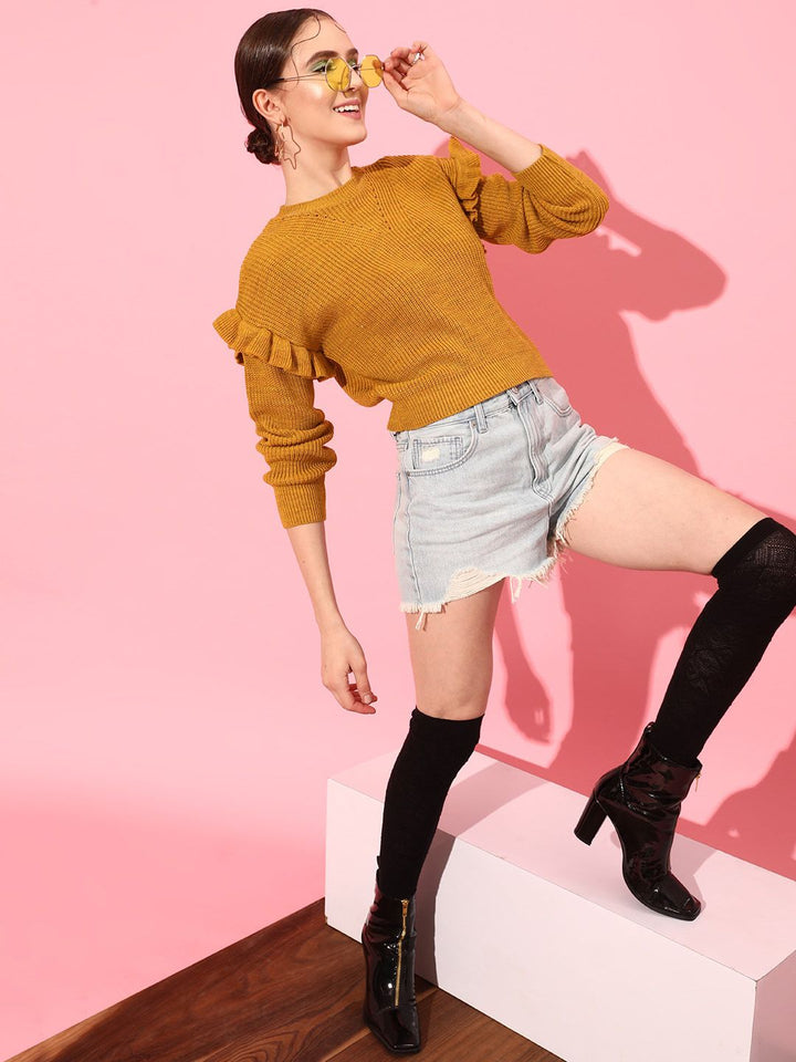 STREET 9 Women Mustard Round Neck Long Sleeves Acrylic Pullover