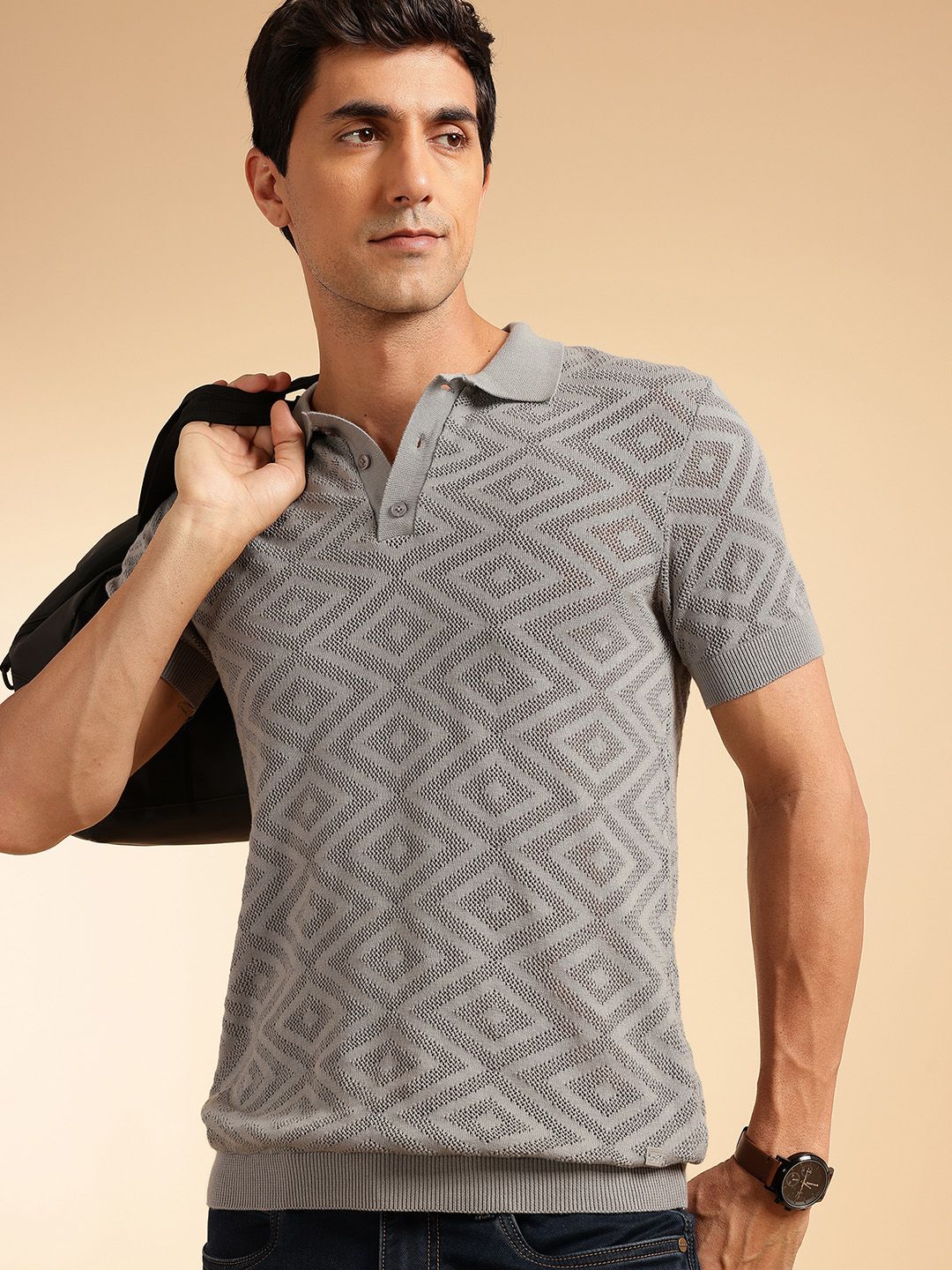 French Connection Geometric Self Design Polo Collar Pure Cotton T-shirt