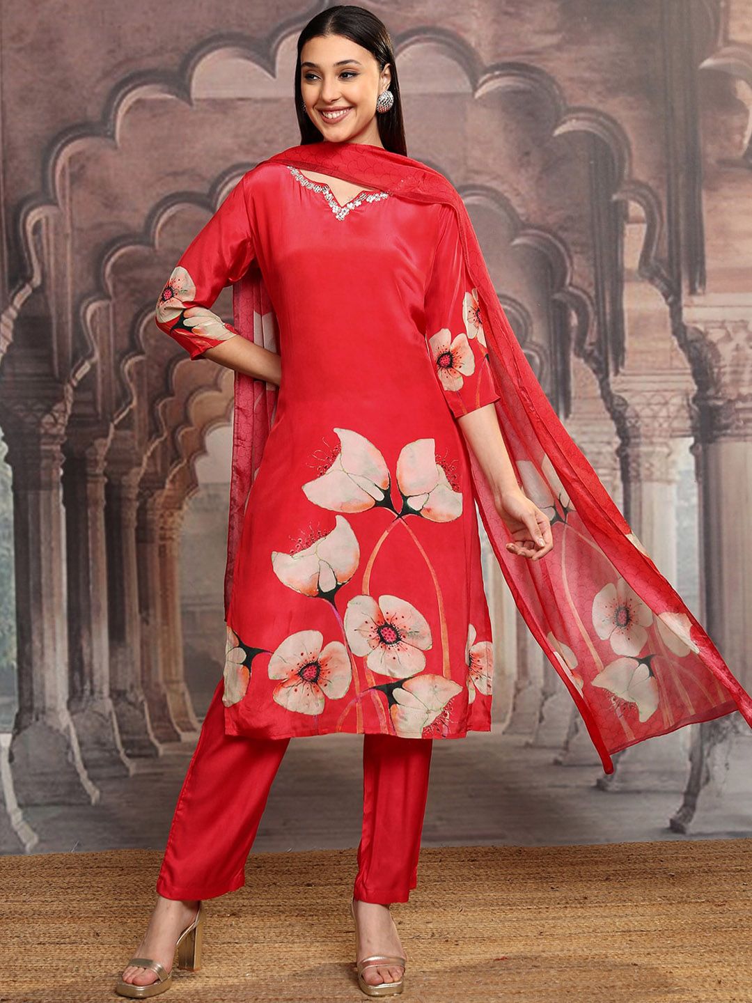 Vishudh Women Floral Printed Regular Pure Cotton Kurta with Trousers & Dupatta