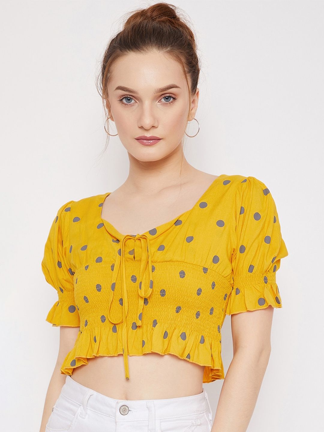 Berrylush Yellow & Blue Polka Dot Printed Crepe Crop Top