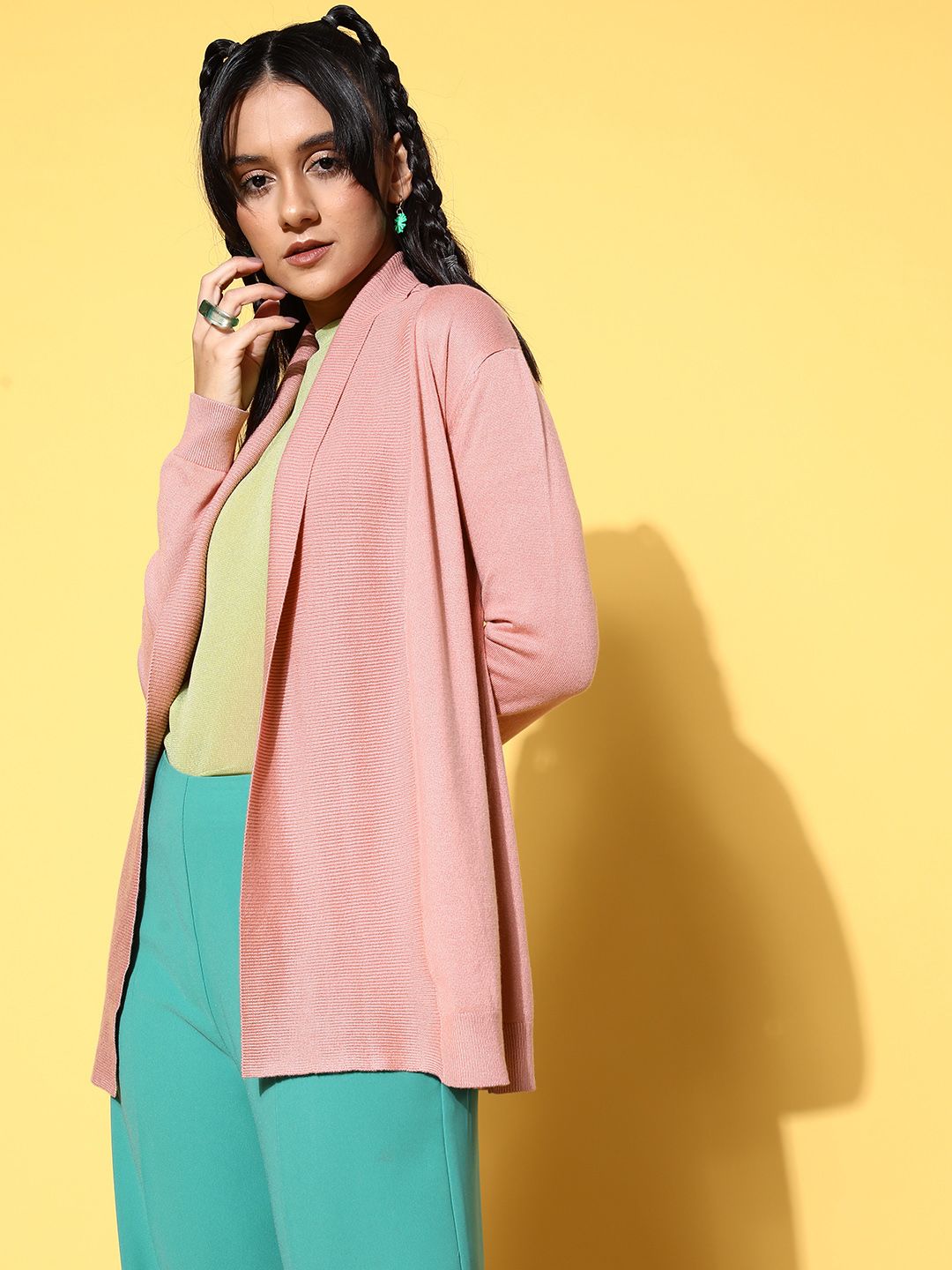 SASSAFRAS Women Pink Ribbed Shawl Collar Front Open Sweater