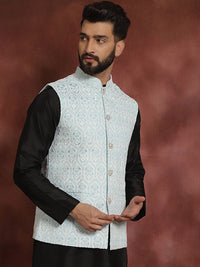 Jaket Nehru Kolar Mandarin Bersulam Biru Anouk