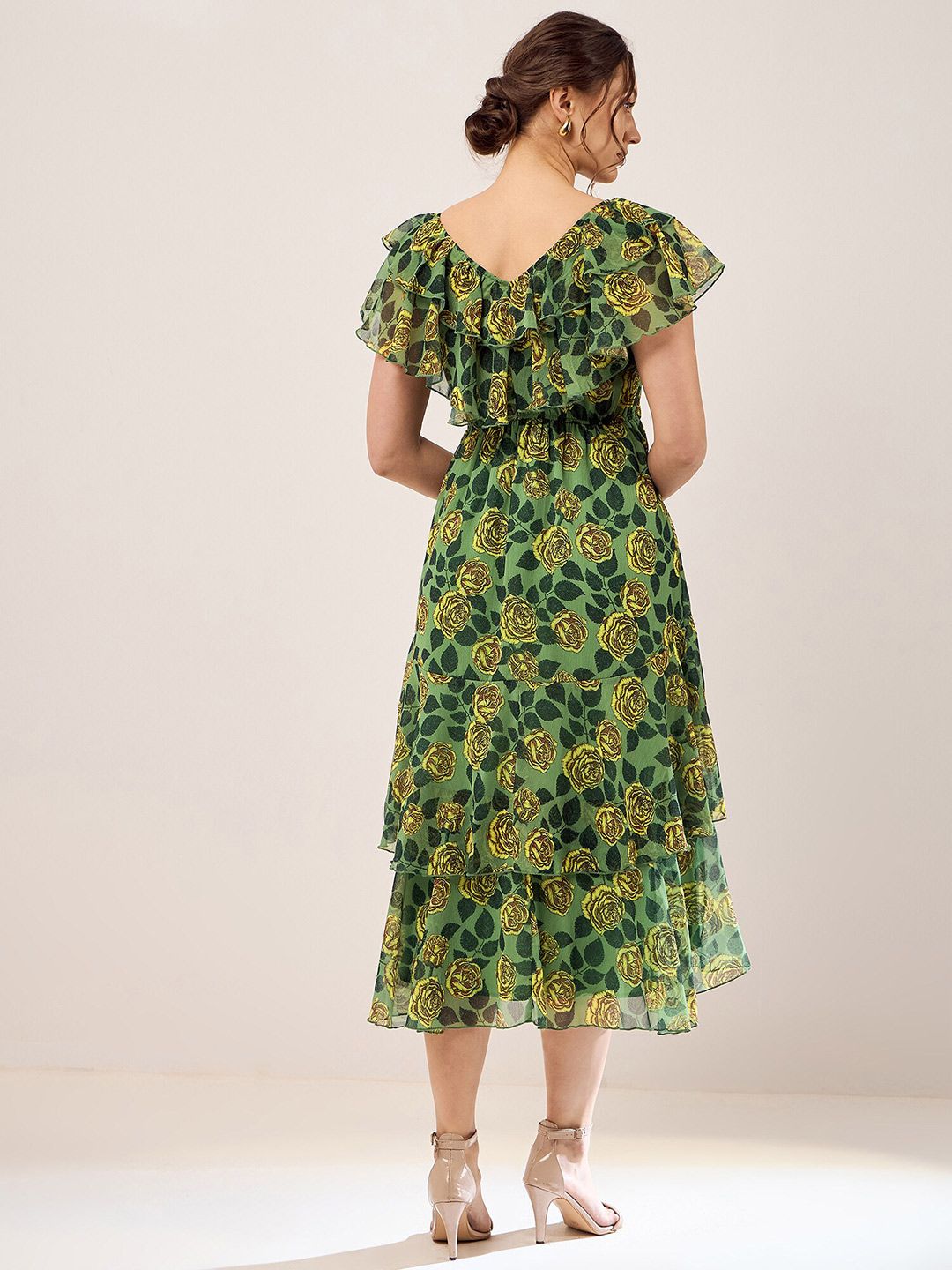 Antheaa Green Floral Print V-Neck Flutter Sleeve Layered Chiffon Fit & Flare Midi Dress