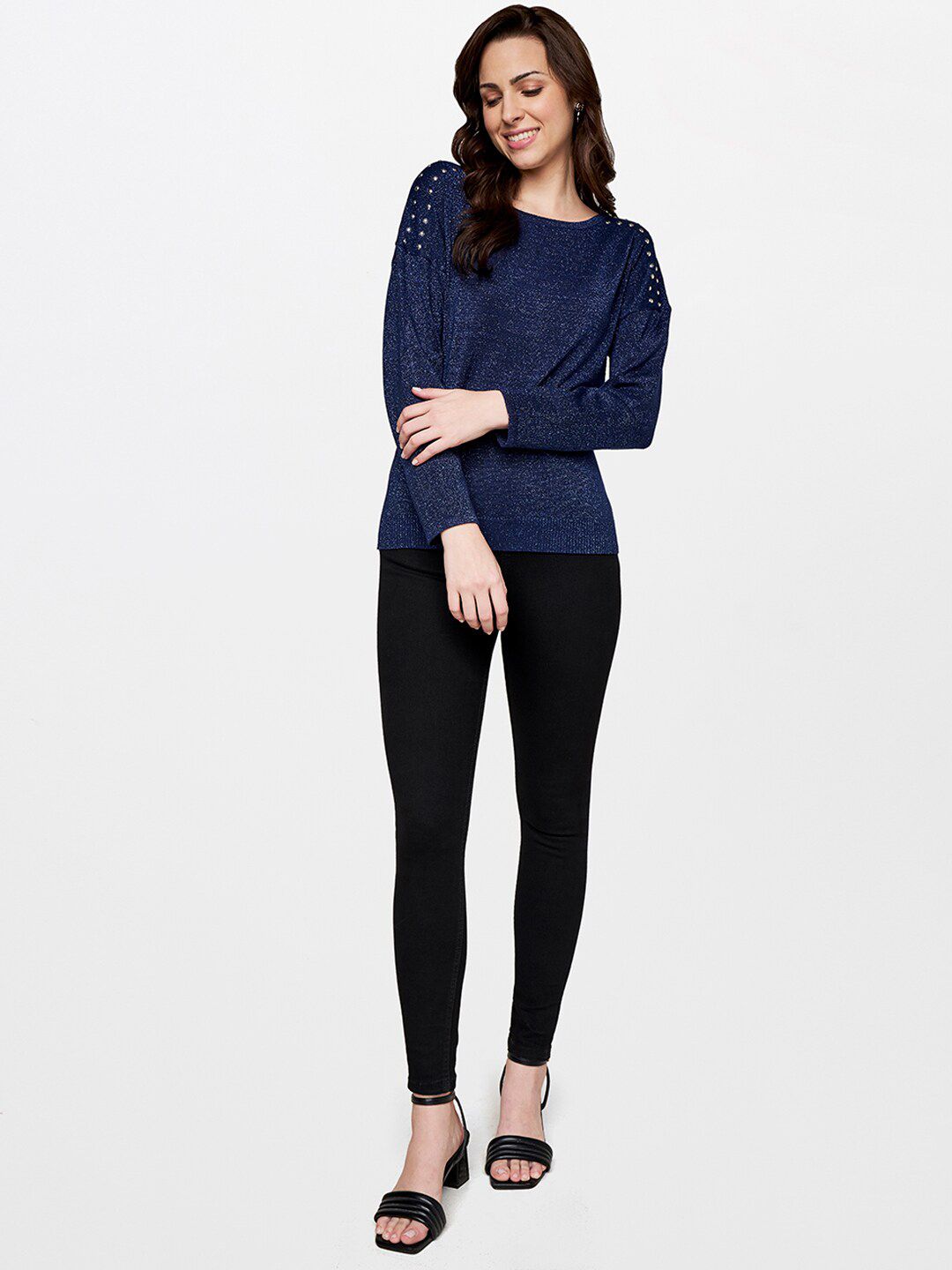 AND Women Navy Blue Extended Sleeves Top