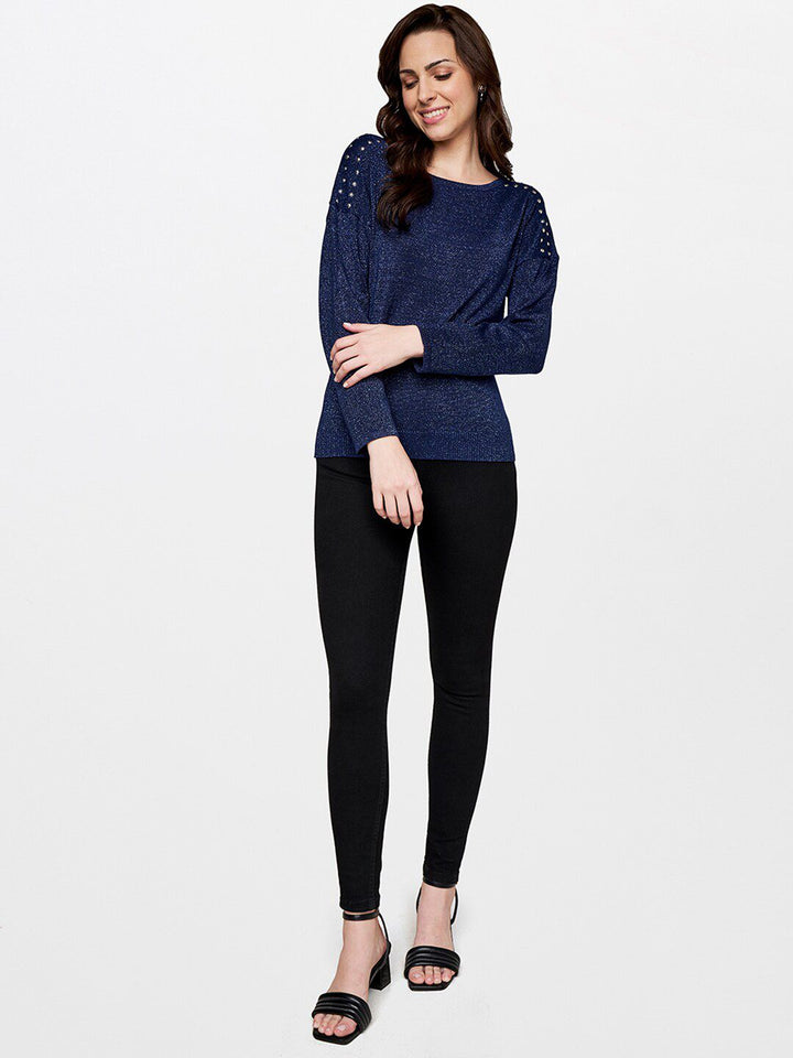 AND Women Navy Blue Extended Sleeves Top