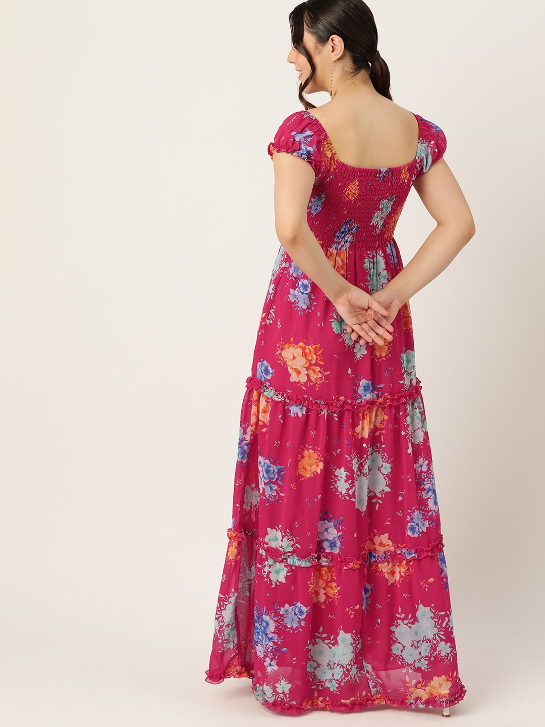 DressBerry Floral Print Smocked Tiered Maxi Dress