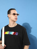 Difference of Opinion Men Black Typography Embroidered Oversize Pure Cotton Longline T-shirt