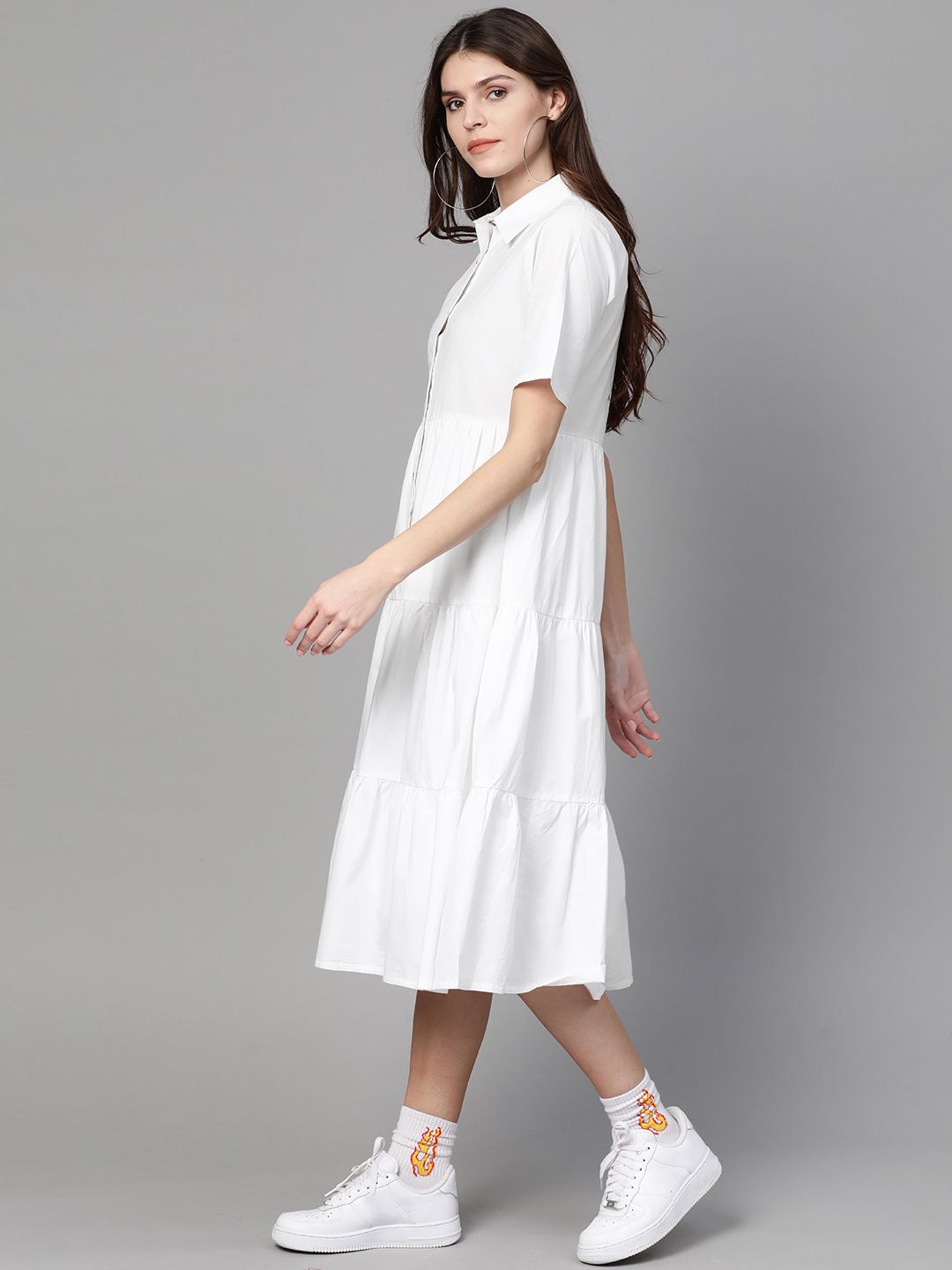 SASSAFRAS White Tiered Cotton Shirt Dress