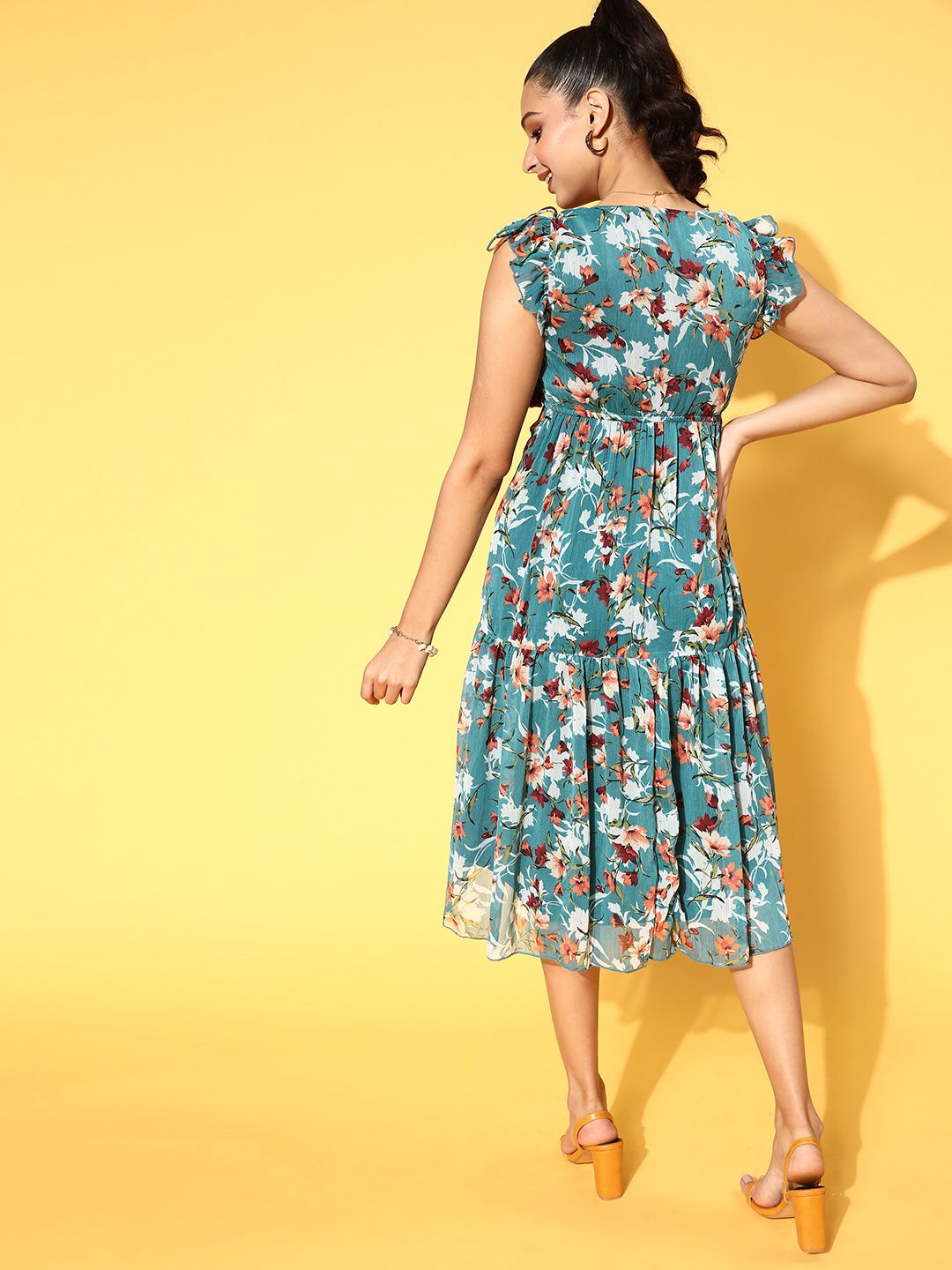 Antheaa Teal Floral Chiffon Midi Dress