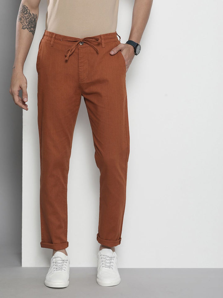 The Indian Garage Co Men Brown Slim Fit Linen Blend Trousers