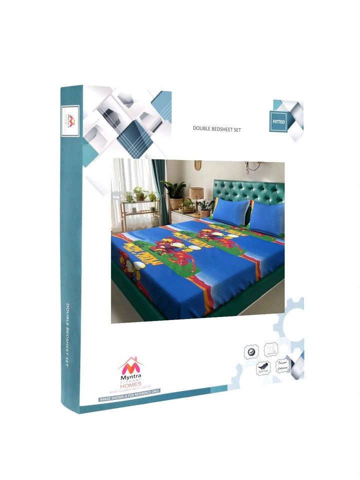 Myntra Elegant Homes Blue Cartoon Characters 400 TC King Bedsheet with 2 Pillow Covers