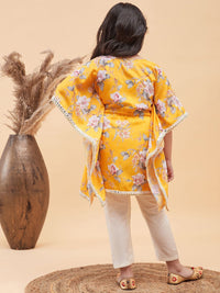 VASTRAMAY Girls Floral Printed Mirror Work Kaftan Kurta With Trousers